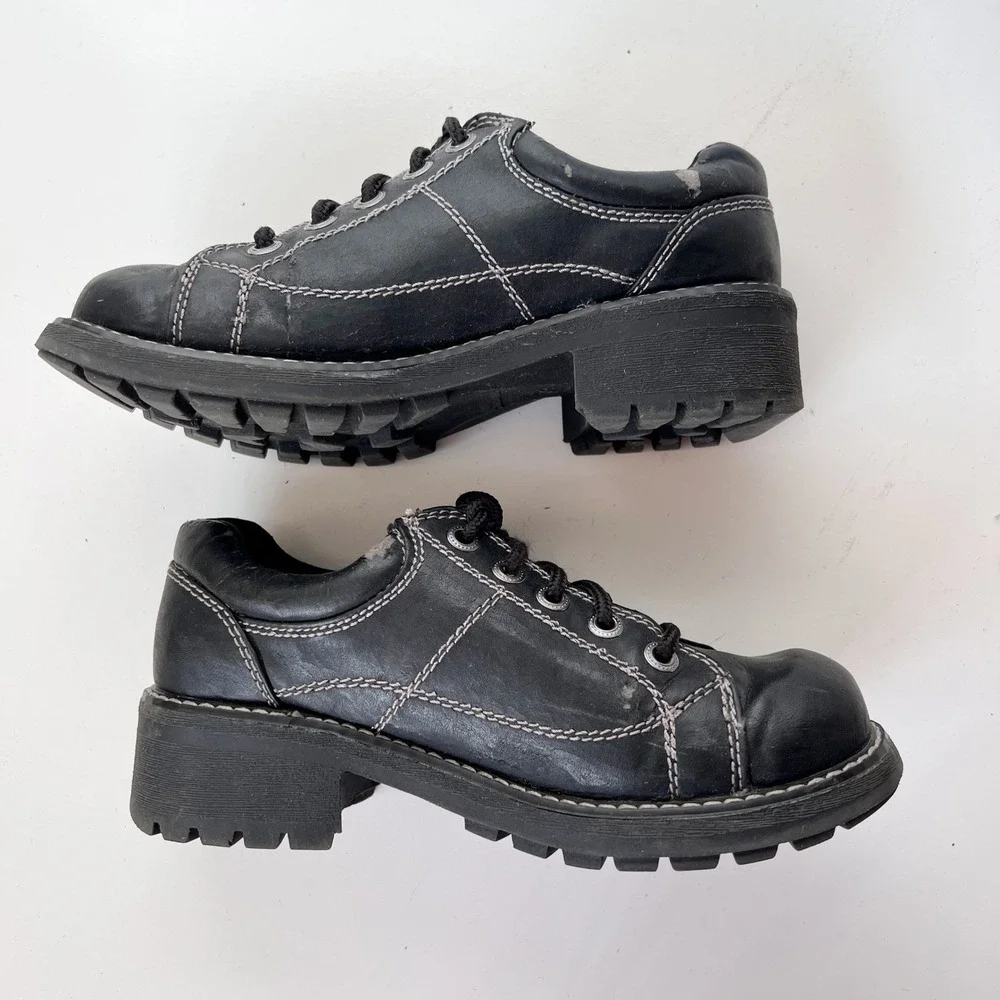 Vintage 90s Chunky Black Lace Up Oxford Shoes Women Size 6.5 Faux Leather Preppy